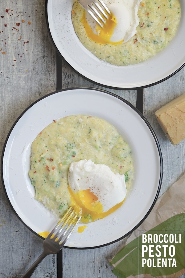 Polenta gets FANCY with the additions of pesto & broccoli. Put an egg on it for a hearty breakfast/lunch/dinner. Check out the recipe at Shutterbean.com