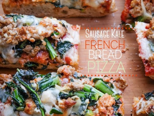 Sausage & Kale French Bread Pizzas are sure to be a crowd pleaser around the dinner table. Find the recipe at Shutterbean.com