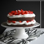 This Chocolate Cake with Strawberries has no eggs in it! Find the recipe on Shutterbean.com