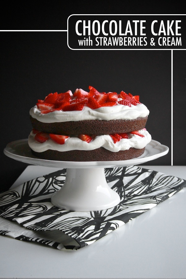 This Chocolate Cake with Strawberries has no eggs in it! Find the recipe on Shutterbean.com