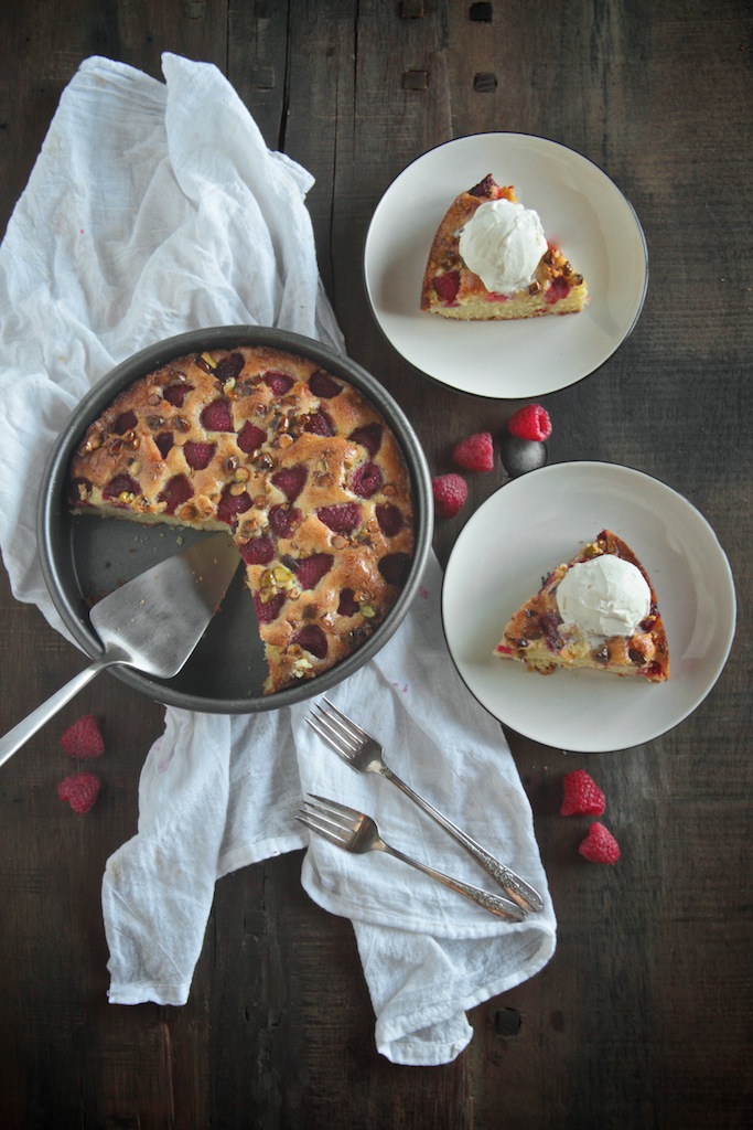 Lemon Cake with Raspberries & Pistachios