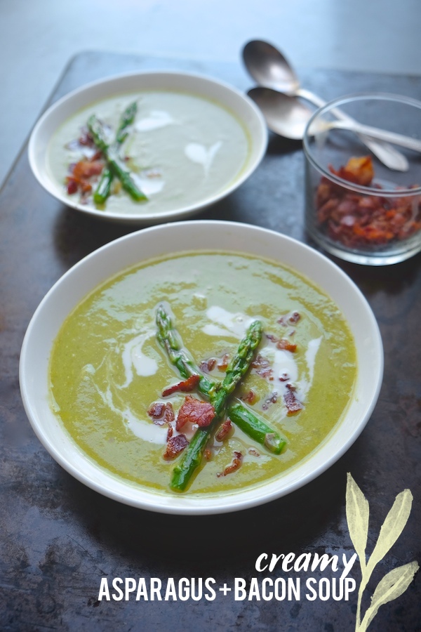 Smoky bacon and tangy creme fraiche combine forces with asparagus for this silky Creamy Asparagus & Bacon Soup. Find the recipe at Shutterbean.com! 