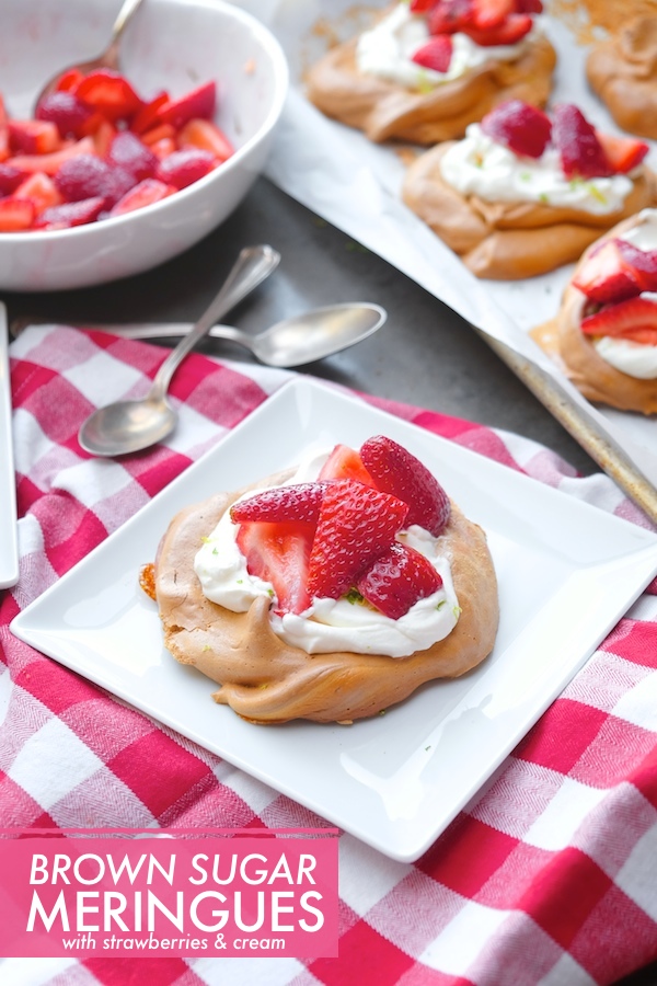 Meringues made with Brown Sugar! They're crispy and chewy and taste like caramel. Pair them with whipped cream and Pimm's infused strawberries. Find the recipe on Shutterbean.com!