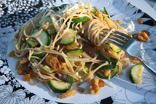 Spaghetti with Zucchini Walnuts & Raisins