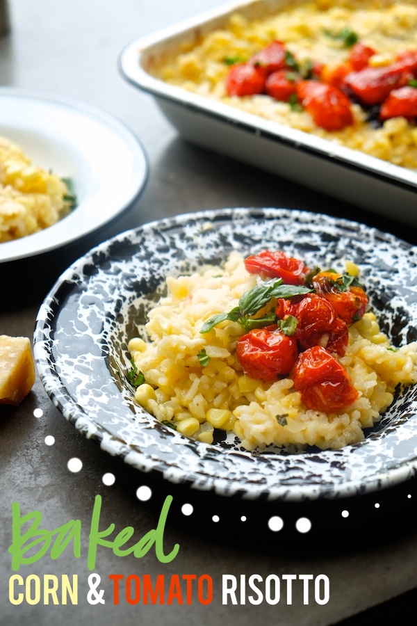 Don't feel like standing over a stove to make risotto? Use your oven instead! This Baked Tomato & Corn Risotto is on Shutterbean.com 