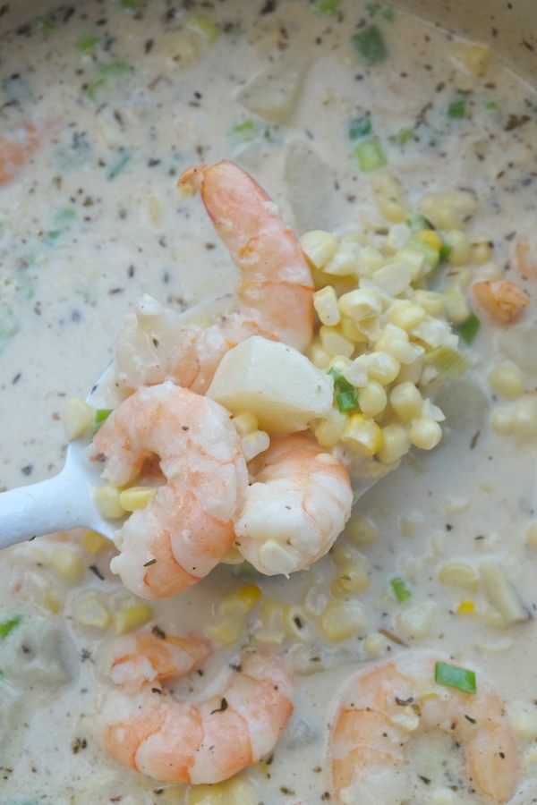 For those chilly Summer nights, make Corn & Shrimp Chowder. Pairs perfectly with grilled garlic bread. Recipe on Shutterbean.com