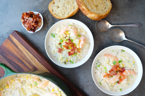 For those chilly Summer nights, make Corn & Shrimp Chowder. Pairs perfectly with grilled garlic bread. Recipe on Shutterbean.com