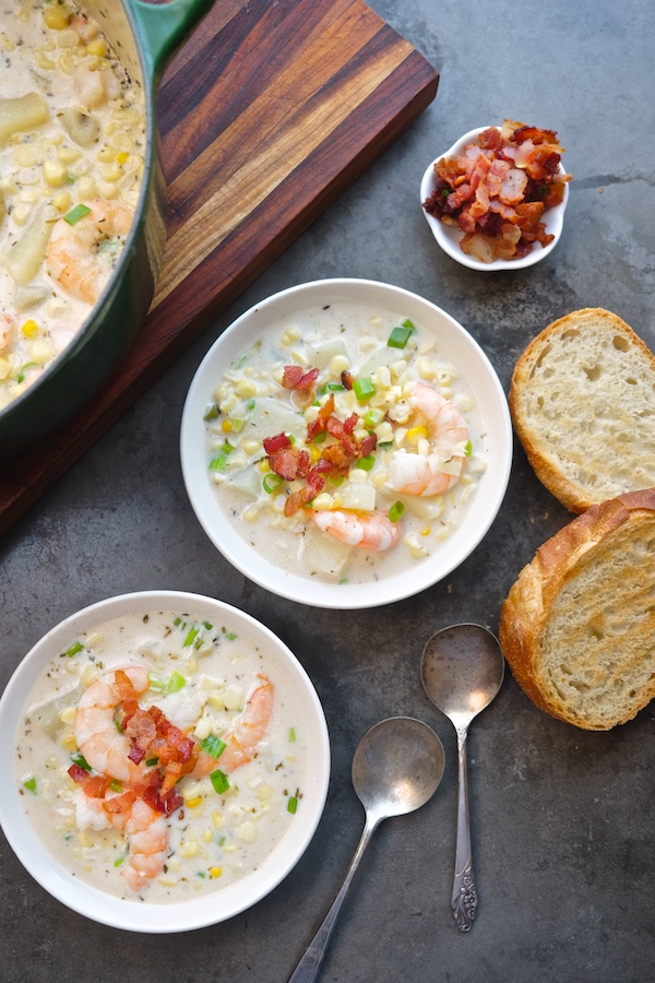 For those chilly Summer nights, make Corn & Shrimp Chowder. Pairs perfectly with grilled garlic bread. Recipe on Shutterbean.com