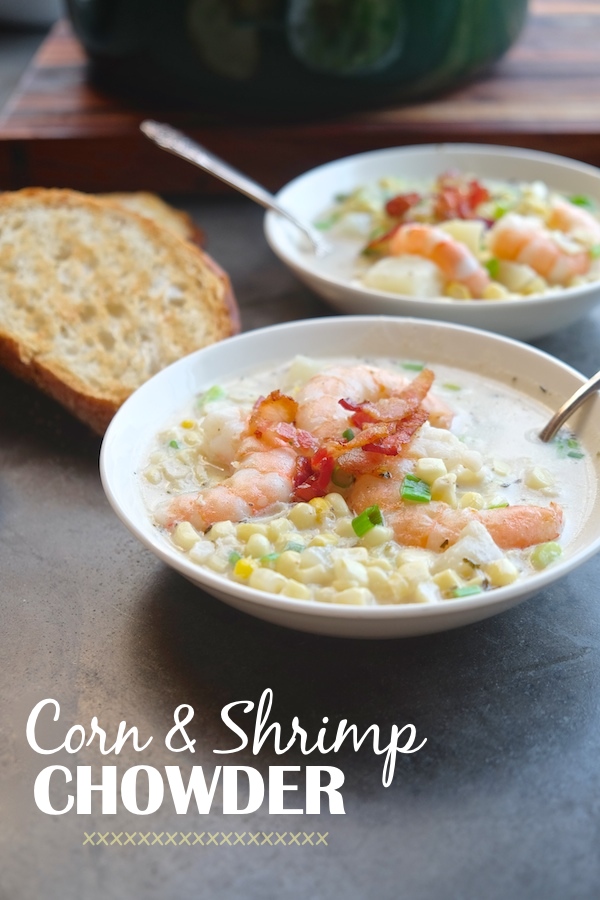 For those chilly Summer nights, make Corn & Shrimp Chowder. Pairs perfectly with grilled garlic bread. Recipe on Shutterbean.com