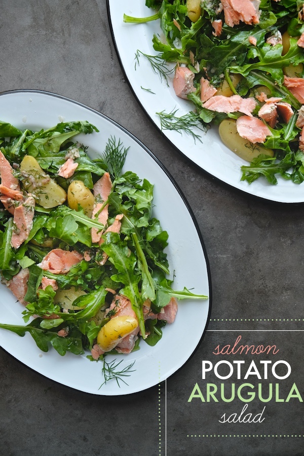 Salmon Potato Arugula Salad with a Dill Dressing is a simple/fancy salad to add to your rotation. Find the recipe at Shutterbean.com! 
