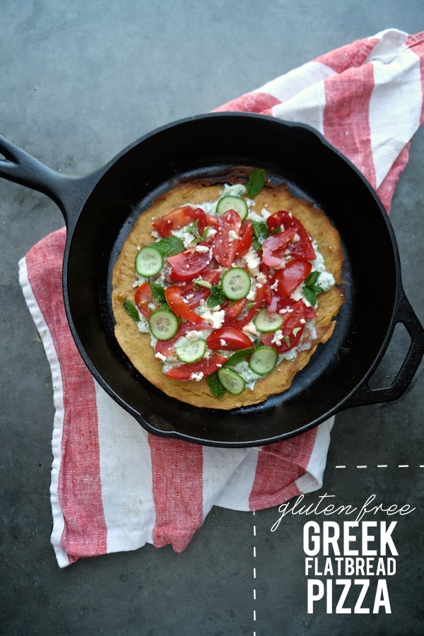 Gluten Free Greek Flatbread Pizza made with garbanzo flour! Find the recipe on Shutterbean.com