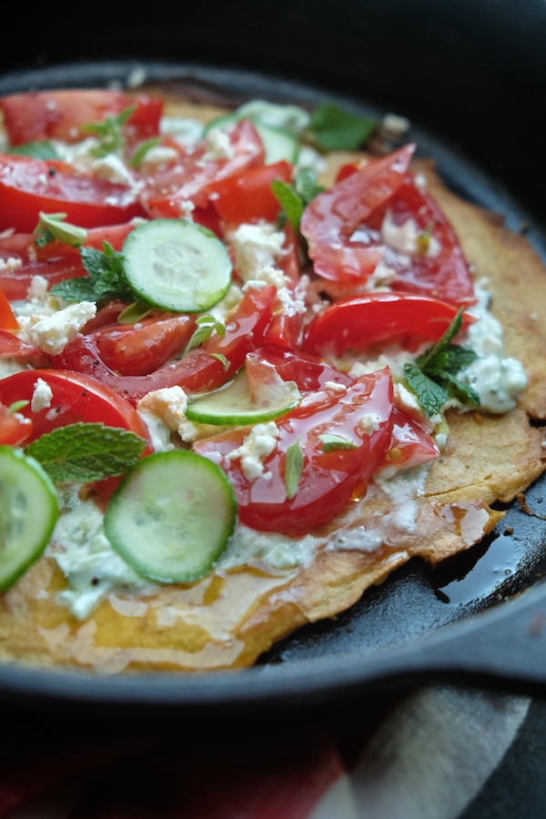 Gluten Free Greek Flatbread Pizza made with garbanzo flour! Find the recipe on Shutterbean.com