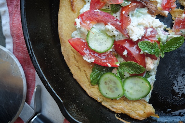 Gluten Free Greek Flatbread Pizza made with garbanzo flour! Find the recipe on Shutterbean.com