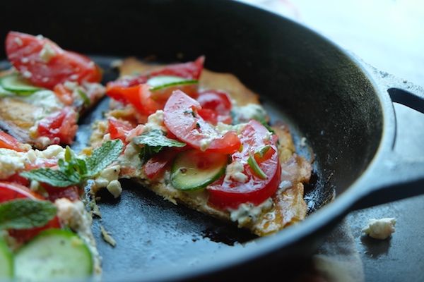 Gluten Free Greek Flatbread Pizza made with garbanzo flour! Find the recipe on Shutterbean.com