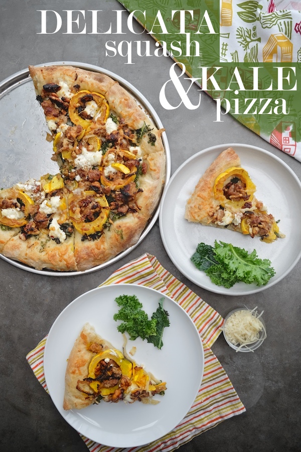 Roasted Delicata Squash Kale Pizza with sausage, caramelized onions and candied walnuts! Recipe on shutterbean.com