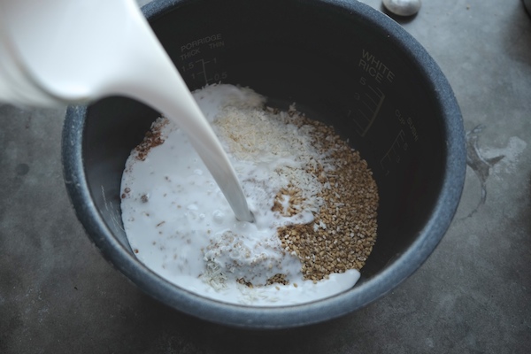 Coconut Steel Cut Oats made with coconut milk in the rice cooker! Find the recipe on Shutterbean.com!