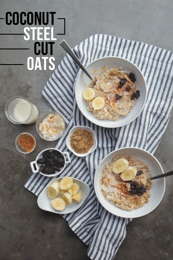 Coconut Steel Cut Oats made with coconut milk in the rice cooker! Find the recipe on Shutterbean.com!