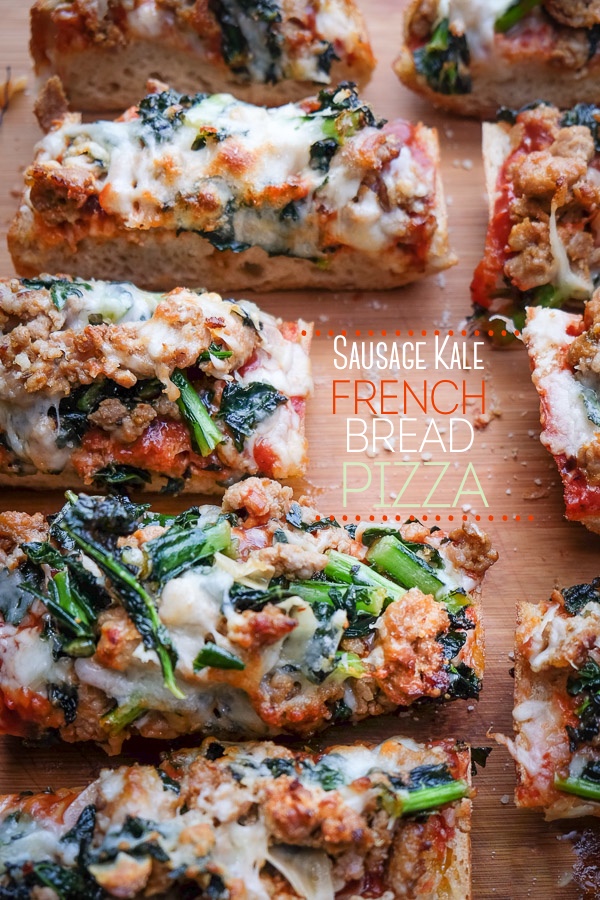 Sausage & Kale French Bread Pizzas are sure to be a crowd pleaser around the dinner table. Find the recipe at Shutterbean.com