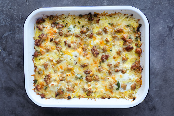 Tex Mex Breakfast Casserole is totally gluten free thanks to the hash brown base. Find the recipe on Shutterbean.com