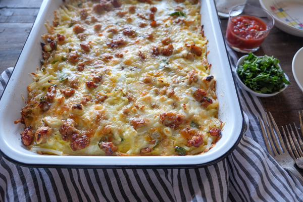 Tex Mex Breakfast Casserole is totally gluten free thanks to the hash brown base. Find the recipe on Shutterbean.com