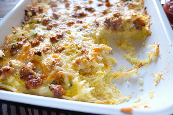 Tex Mex Breakfast Casserole is totally gluten free thanks to the hash brown base. Find the recipe on Shutterbean.com