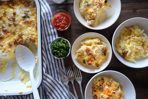 Tex Mex Breakfast Casserole is totally gluten free thanks to the hash brown base. Find the recipe on Shutterbean.com