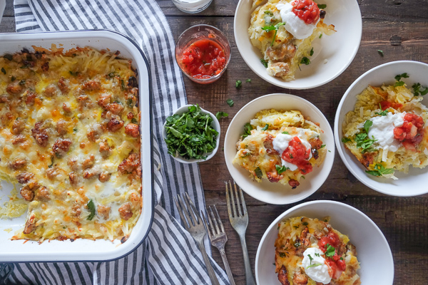 Tex Mex Breakfast Casserole is totally gluten free thanks to the hash brown base. Find the recipe on Shutterbean.com