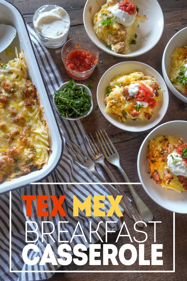 Tex Mex Breakfast Casserole is totally gluten free thanks to the hash brown base. Find the recipe on Shutterbean.com