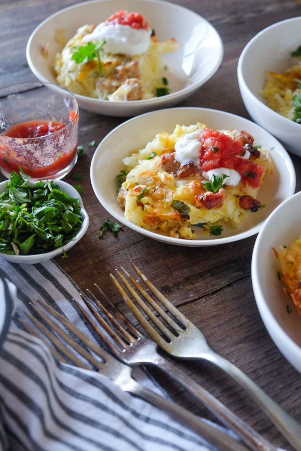 Tex Mex Breakfast Casserole is totally gluten free thanks to the hash brown base. Find the recipe on Shutterbean.com