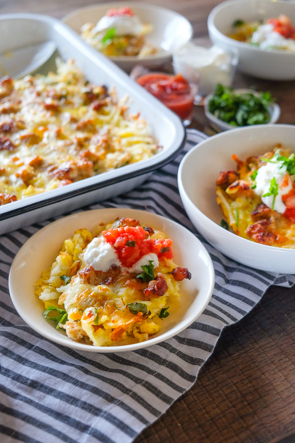 Tex Mex Breakfast Casserole is totally gluten free thanks to the hash brown base. Find the recipe on Shutterbean.com