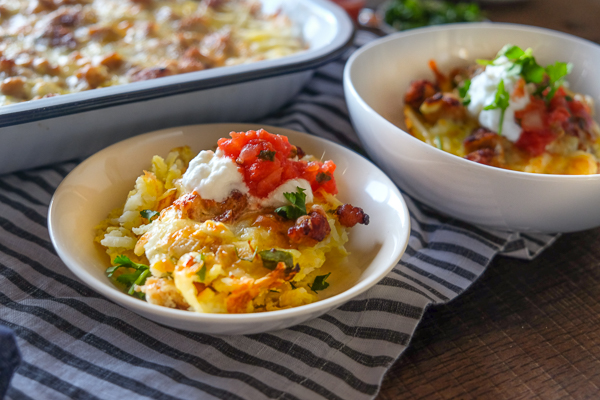 Tex Mex Breakfast Casserole is totally gluten free thanks to the hash brown base. Find the recipe on Shutterbean.com