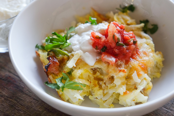 Tex Mex Breakfast Casserole is totally gluten free thanks to the hash brown base. Find the recipe on Shutterbean.com