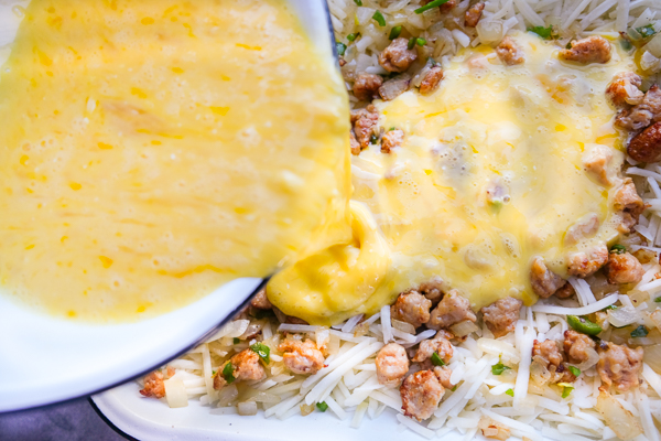 Tex Mex Breakfast Casserole is totally gluten free thanks to the hash brown base. Find the recipe on Shutterbean.com