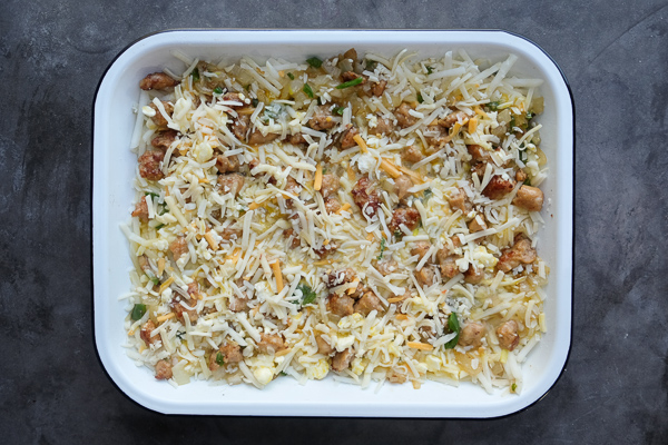 Tex Mex Breakfast Casserole is totally gluten free thanks to the hash brown base. Find the recipe on Shutterbean.com