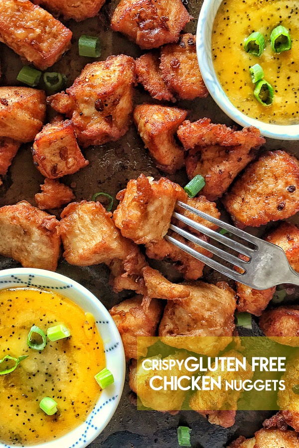 Crispy Gluten Free Chicken Nuggets with Honey Dijon Poppy Seed Dip. Find the recipe on Shutterbean.com!