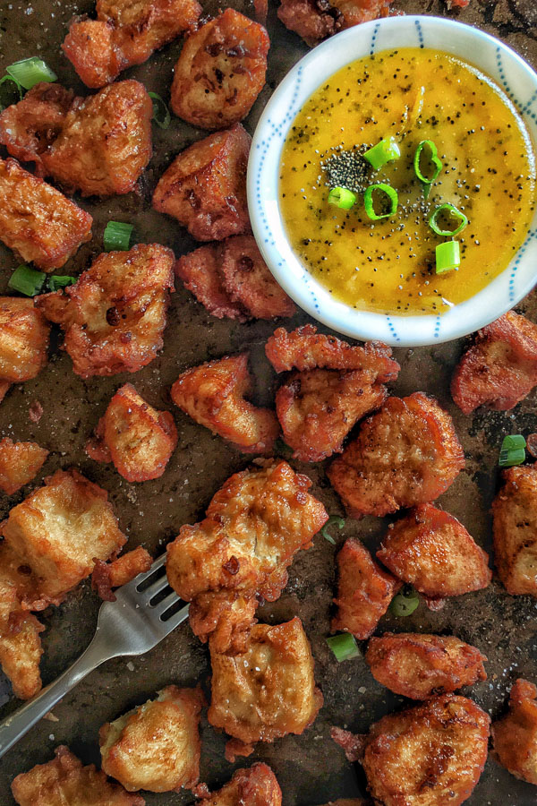 Crispy Gluten Free Chicken Nuggets with Honey Dijon Poppy Seed Dip. Find the recipe on Shutterbean.com!