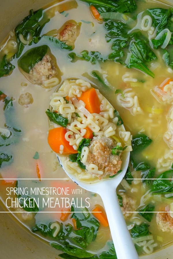 Spring Minestrone with Chicken Meatballs is a perfect soup for those chilly Spring days. Find the recipe on Shutterbean.com!