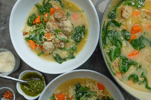 Spring Minestrone with Chicken Meatballs is a perfect soup for those chilly Spring days. Find the recipe on Shutterbean.com!