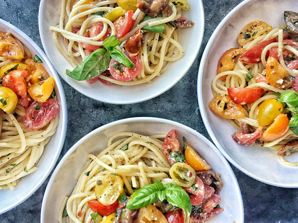 Quick Tomato Basil Pasta is a great idea for a simple weeknight dinner. Find the recipe on Shutterbean.com