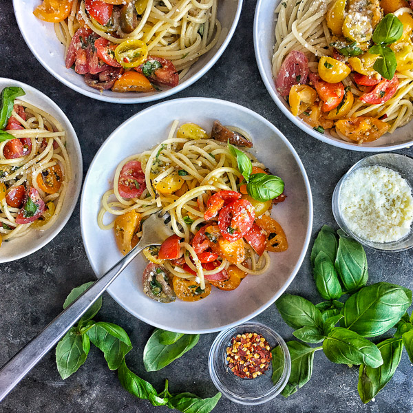 Quick Tomato Basil Pasta is a great idea for a simple weeknight dinner. Find the recipe on Shutterbean.com