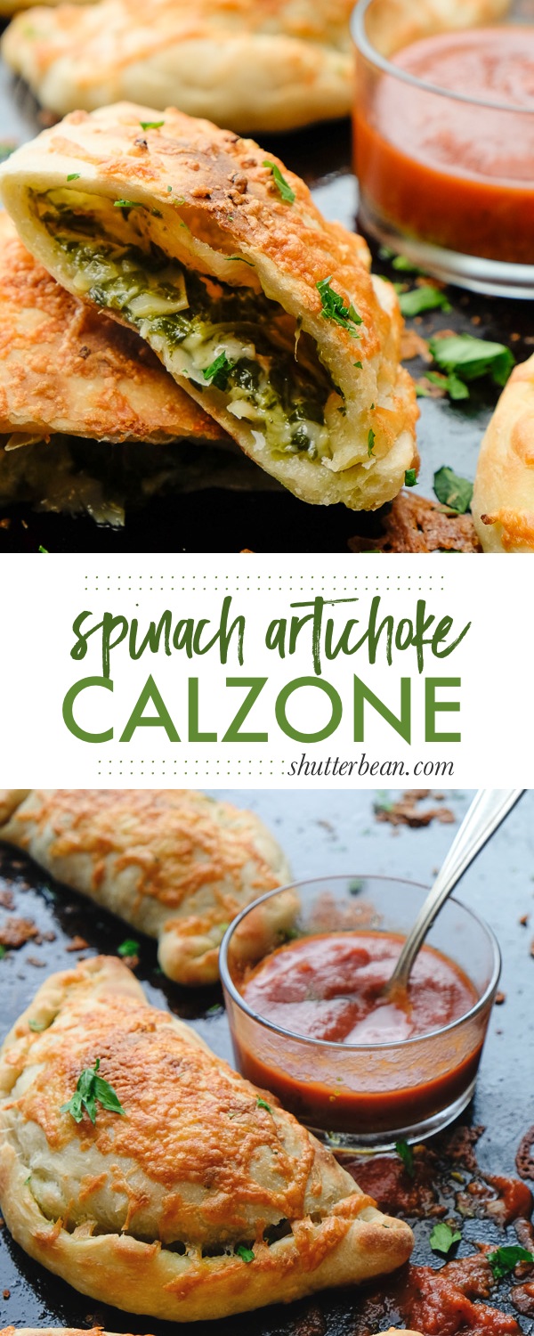 If you're looking for a great vegetarian weeknight meal, check out this Spinach Artichoke Calzone recipe on Shutterbean.com!