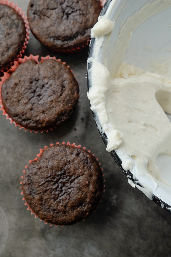 Small Batch Chocolate Cupcakes with Vanilla Bean Frosting. Recipe makes only 4! Check out more on Shutterbean.com