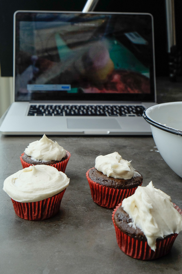 Small Batch Chocolate Cupcakes with Vanilla Bean Frosting. Recipe makes only 4! Check out more on Shutterbean.com