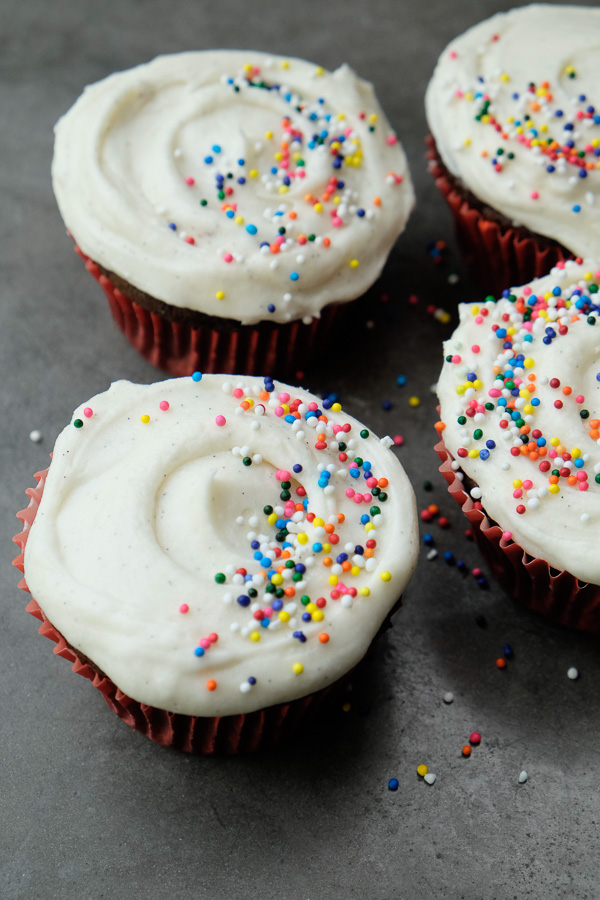 Small Batch Chocolate Cupcakes with Vanilla Bean Frosting. Recipe makes only 4! Check out more on Shutterbean.com