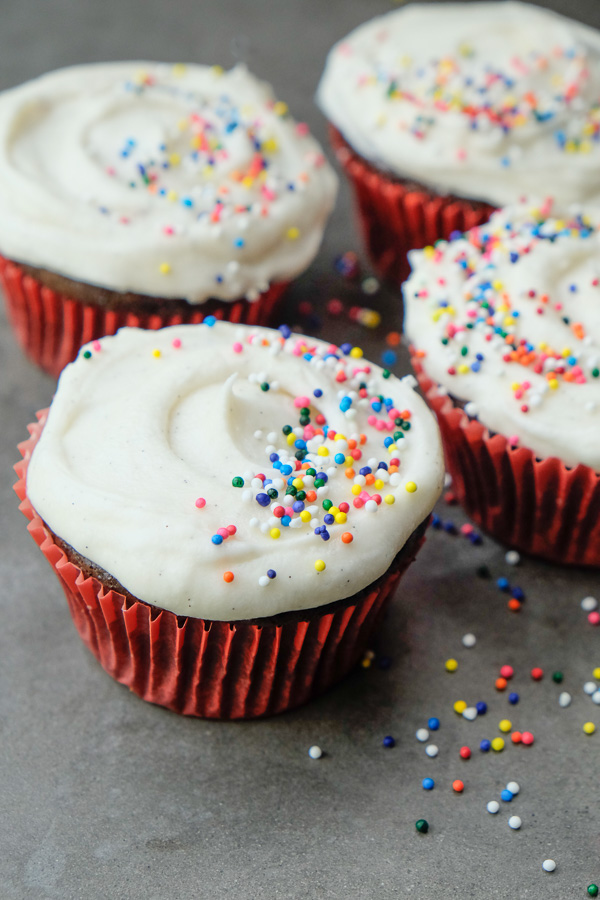 Small Batch Chocolate Cupcakes with Vanilla Bean Frosting. Recipe makes only 4! Check out more on Shutterbean.com