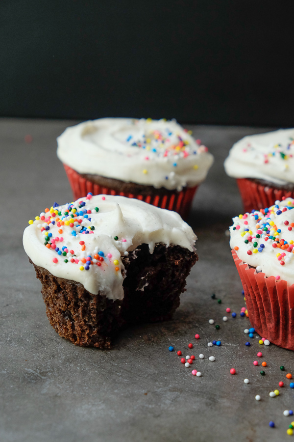 Small Batch Chocolate Cupcakes with Vanilla Bean Frosting. Recipe makes only 4! Check out more on Shutterbean.com