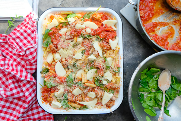 Baked Ziti with Creme Fraiche & Spinach- perfect for a crowd /weeknight dinners. Find the recipe on Shutterbean.com!