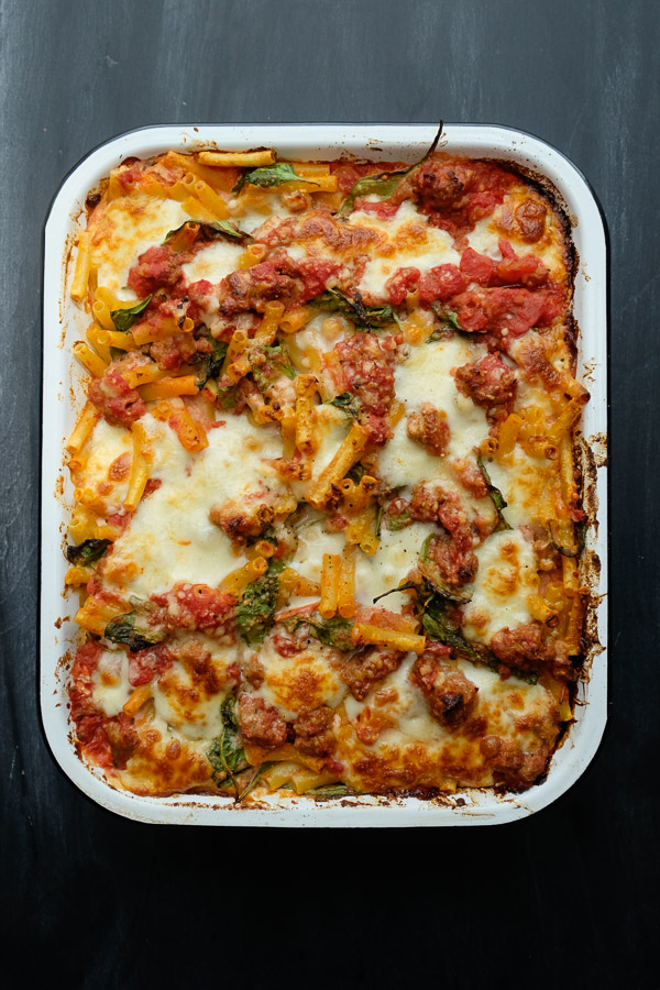 Baked Ziti with Creme Fraiche & Spinach- perfect for a crowd /weeknight dinners. Find the recipe on Shutterbean.com!