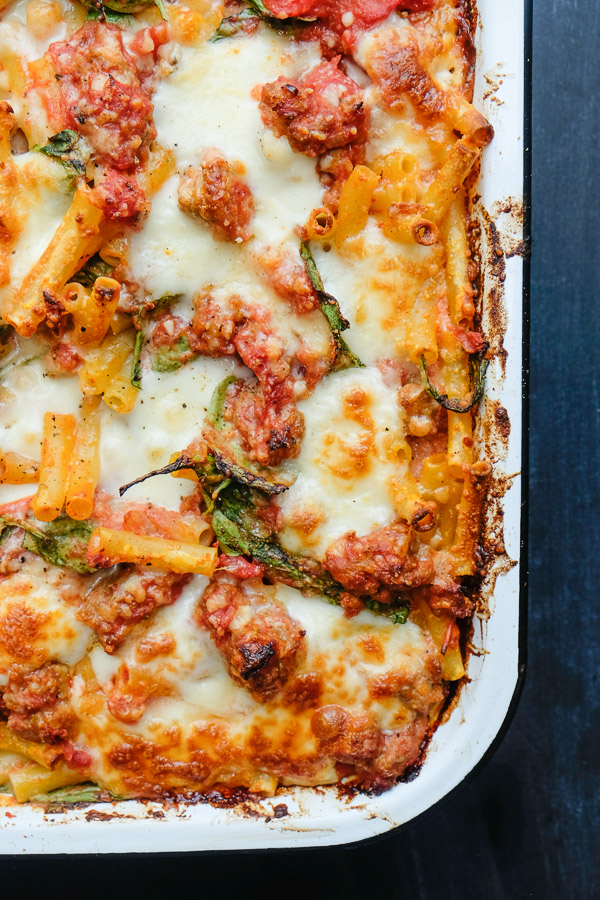 Baked Ziti with Creme Fraiche & Spinach- perfect for a crowd /weeknight dinners. Find the recipe on Shutterbean.com!