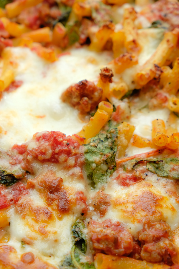 Baked Ziti with Creme Fraiche & Spinach- perfect for a crowd /weeknight dinners. Find the recipe on Shutterbean.com!
